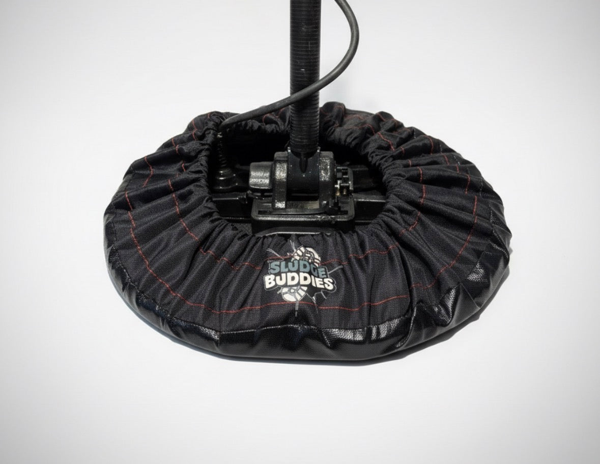 Sludge Buddies coil cover shown on a metal detector in a clean studio setting.